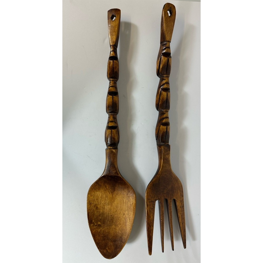 Large Wooden Spoon & Fork Wall Decor Carved Rustic Farmhouse Cottagecore  26"
